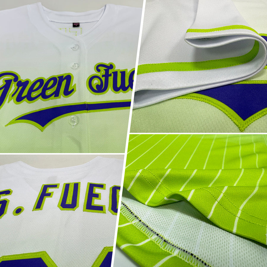 Custom White Pinstripe Purple-Neon Green Authentic Fade Fashion Baseball Jersey