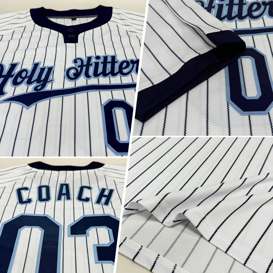 Custom White Navy Pinstripe Light Blue Two-Button Unisex Softball Jersey