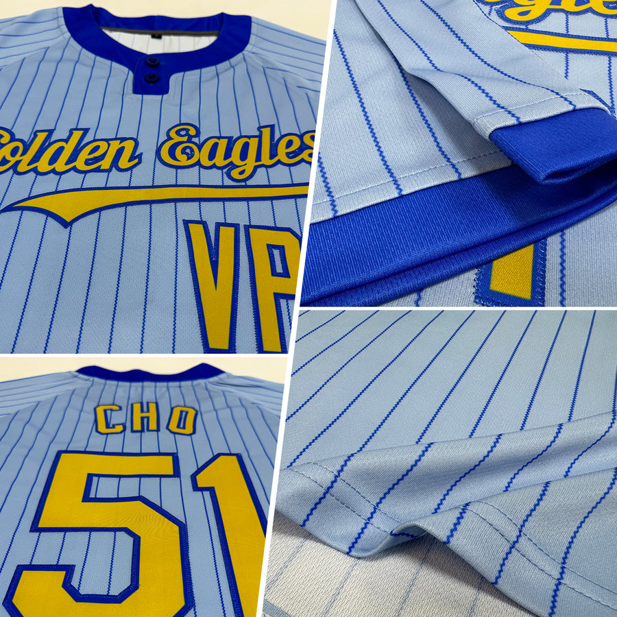 Custom Light Blue Royal Pinstripe Old Gold Two-Button Unisex Softball Jersey