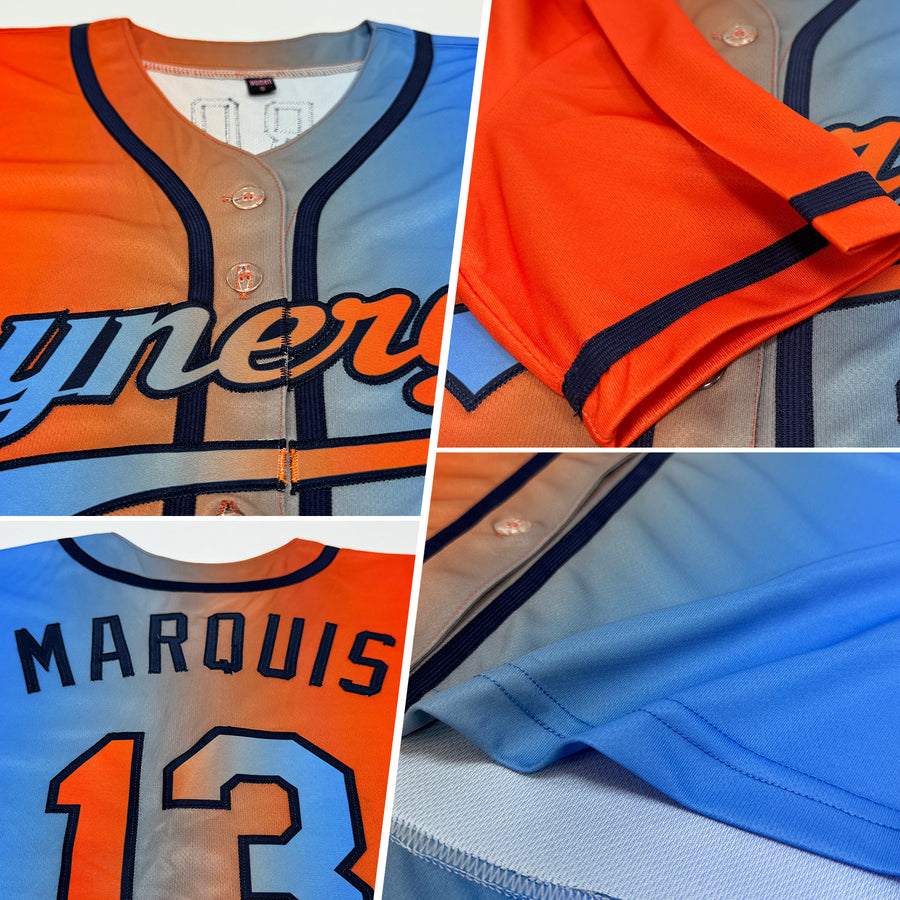 Custom Electric Blue Orange-Navy Authentic Gradient Fashion Baseball Jersey