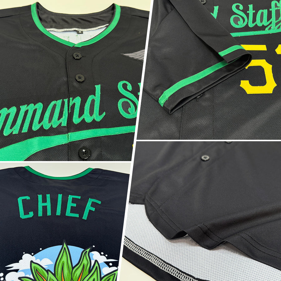 Custom Black Kelly Green-Gold Authentic Skull Pineapple Head Baseball Jersey