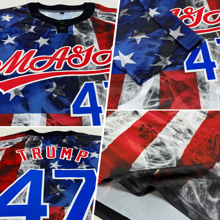 Custom White Royal-Red 3D American Flag Fashion Two-Button Unisex Softball Jersey