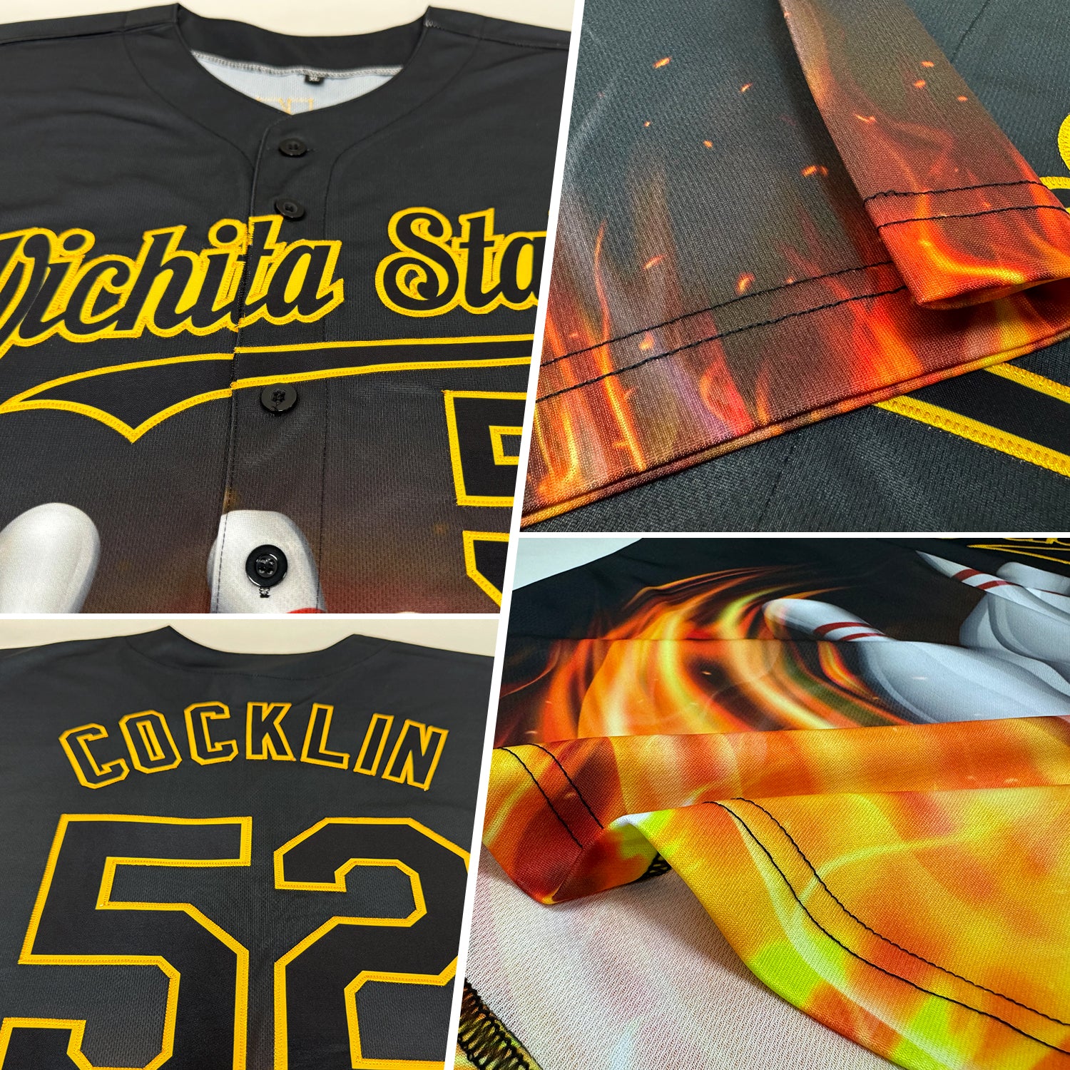 Custom Black Gold 3D Pattern Design Flame Bowling Authentic Baseball Jersey