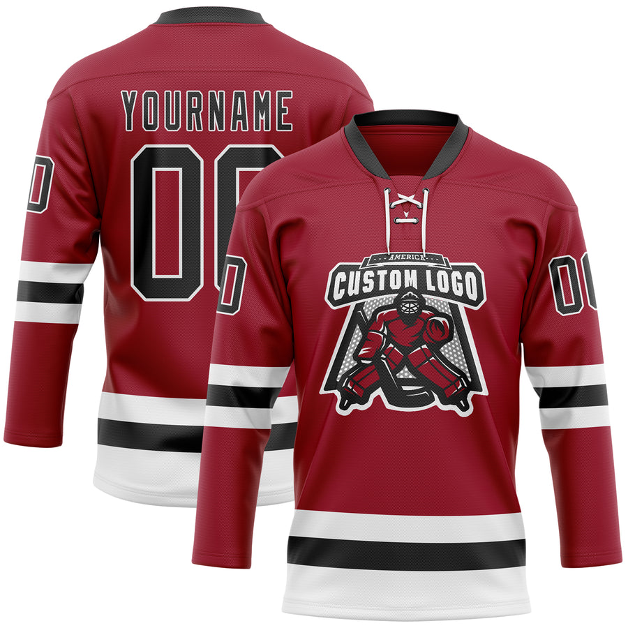 Custom Maroon Black-White Hockey Lace Neck Jersey