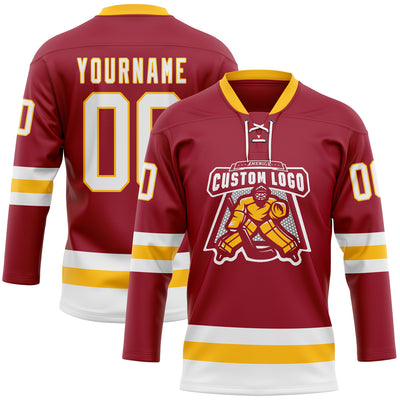 Custom Maroon White-Gold Hockey Lace Neck Jersey