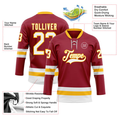 Custom Maroon White-Gold Hockey Lace Neck Jersey