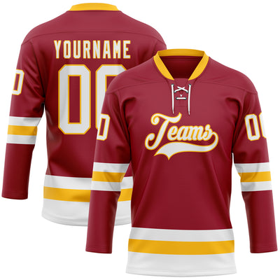 Custom Maroon White-Gold Hockey Lace Neck Jersey