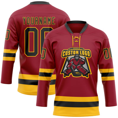 Custom Maroon Black-Gold Hockey Lace Neck Jersey