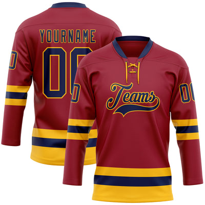 Custom Maroon Navy-Gold Hockey Lace Neck Jersey