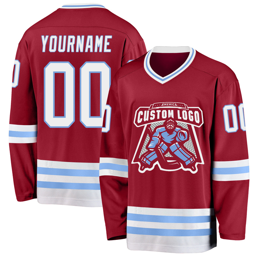 Custom Maroon White-Light Blue Hockey Jersey