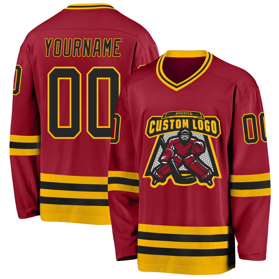 Custom Maroon Black-Gold Hockey Jersey