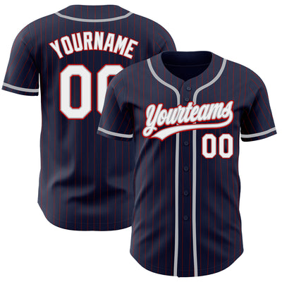 Custom Navy Red Pinstripe White-Gray Authentic Baseball Jersey