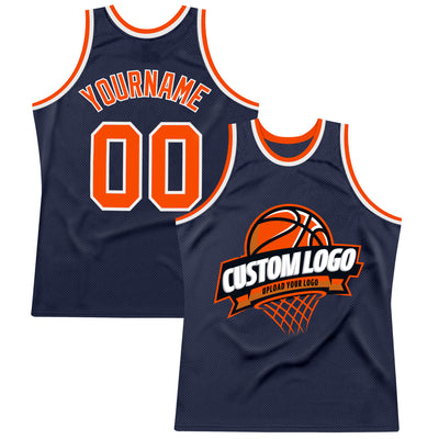 Custom Navy Orange-White Authentic Throwback Basketball Jersey