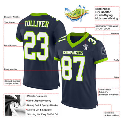 Custom Navy White-Neon Green Mesh Authentic Football Jersey