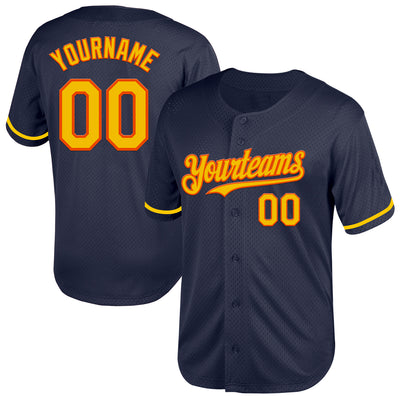 Custom Navy Yellow-Orange Mesh Authentic Throwback Baseball Jersey