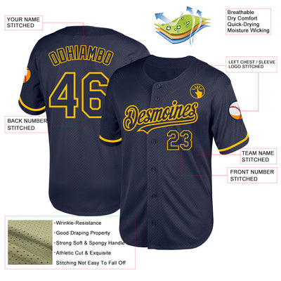 Custom Navy Gold Mesh Authentic Throwback Baseball Jersey