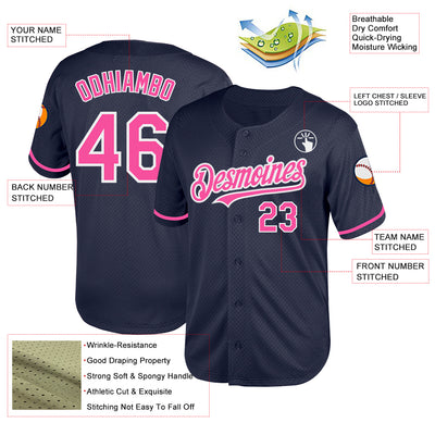 Custom Navy Pink-White Mesh Authentic Throwback Baseball Jersey