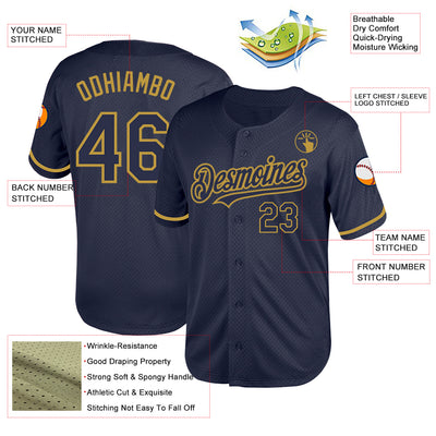 Custom Navy Old Gold Mesh Authentic Throwback Baseball Jersey