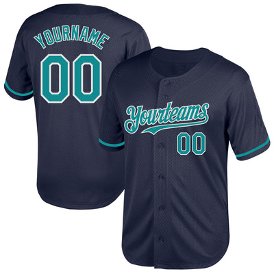 Custom Navy Teal-White Mesh Authentic Throwback Baseball Jersey