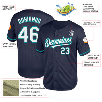 Custom Navy White-Teal Mesh Authentic Throwback Baseball Jersey