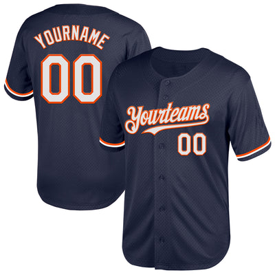 Custom Navy White-Orange Mesh Authentic Throwback Baseball Jersey