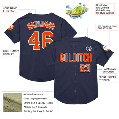 Custom Navy Orange-White Mesh Authentic Throwback Baseball Jersey