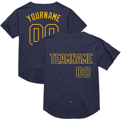 Custom Navy Gold Mesh Authentic Throwback Baseball Jersey