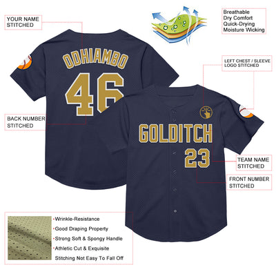 Custom Navy Old Gold-White Mesh Authentic Throwback Baseball Jersey