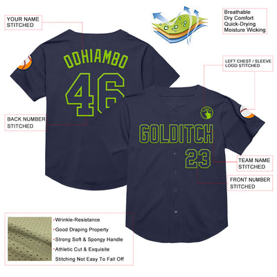 Custom Navy Neon Green Mesh Authentic Throwback Baseball Jersey