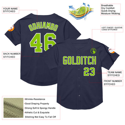 Custom Navy Neon Green-White Mesh Authentic Throwback Baseball Jersey