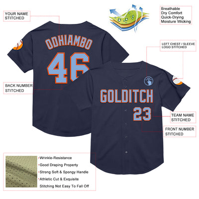 Custom Navy Light Blue-Orange Mesh Authentic Throwback Baseball Jersey