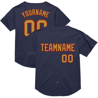 Custom Navy Old Gold-Red Mesh Authentic Throwback Baseball Jersey