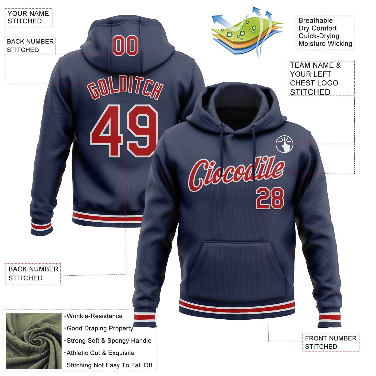 Custom Stitched Navy Red-White Sports Pullover Sweatshirt Hoodie