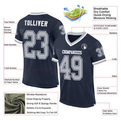 Custom Navy Gray-White Mesh Authentic Throwback Football Jersey