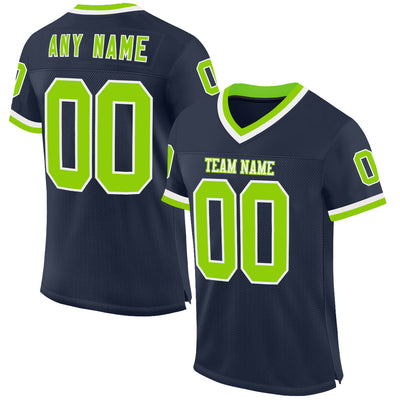 Custom Navy Neon Green-White Mesh Authentic Throwback Football Jersey