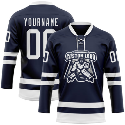 Custom Navy White Hockey Lace Neck Jersey