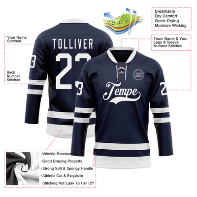 Custom Navy White Hockey Lace Neck Jersey