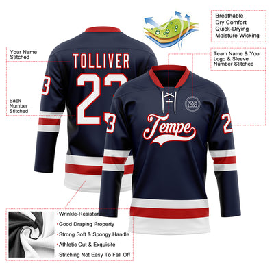 Custom Navy White-Red Hockey Lace Neck Jersey