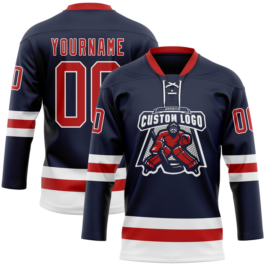 Custom Navy Red-White Hockey Lace Neck Jersey