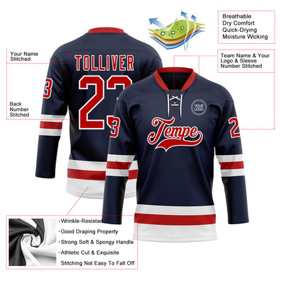 Custom Navy Red-White Hockey Lace Neck Jersey