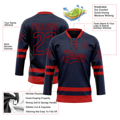 Custom Navy Red Hockey Lace Neck Jersey