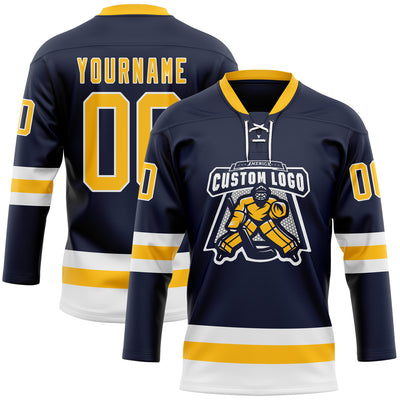 Custom Navy Gold-White Hockey Lace Neck Jersey