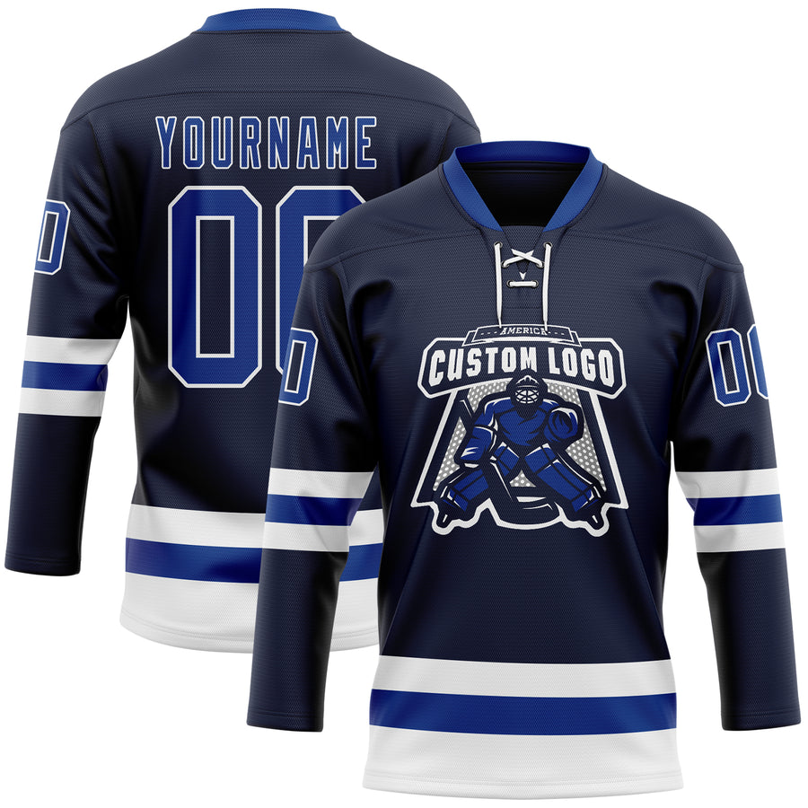 Custom Navy Royal-White Hockey Lace Neck Jersey