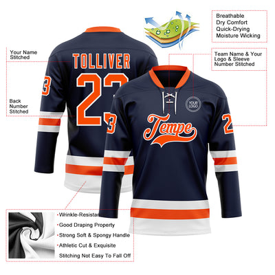 Custom Navy Orange-White Hockey Lace Neck Jersey