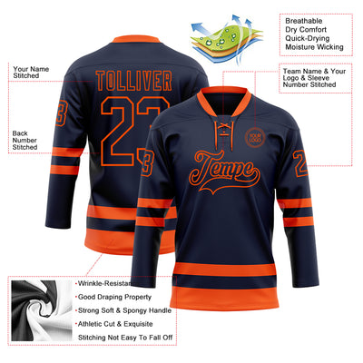 Custom Navy Orange Hockey Lace Neck Jersey