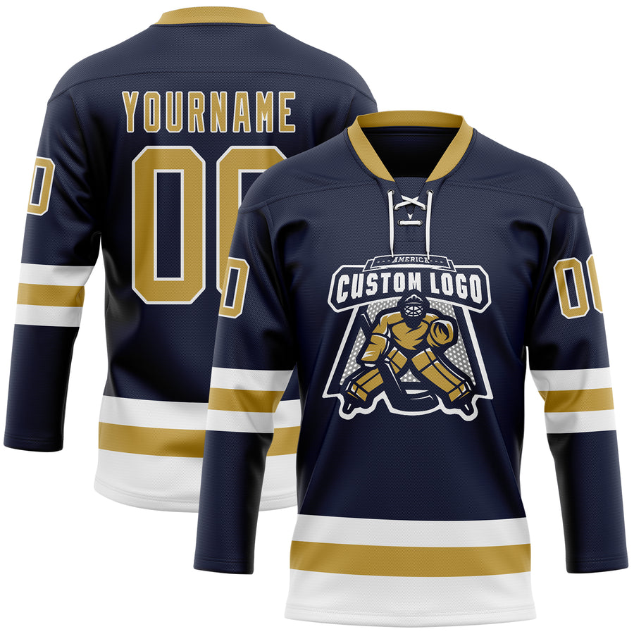 Custom Navy Old Gold-White Hockey Lace Neck Jersey