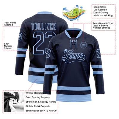 Custom Navy Light Blue Hockey Lace Neck Jersey