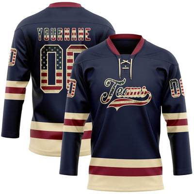 Custom Navy Vintage USA Flag Cream-Crimson Hockey Lace Neck Jersey