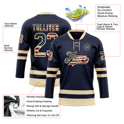 Custom Navy Vintage USA Flag-Cream Hockey Lace Neck Jersey