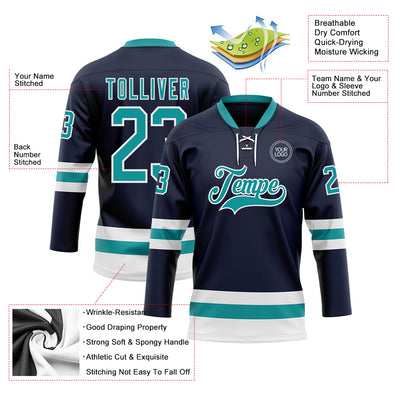 Custom Navy Teal-White Hockey Lace Neck Jersey